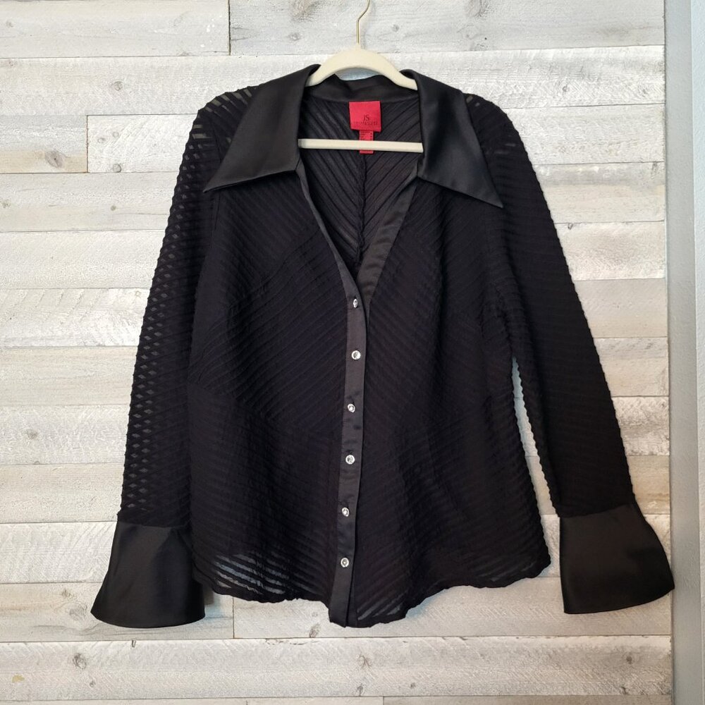 Vintage JS Collections Satin Butterfly Collar Sheer Mesh Rhinestone Button Up.